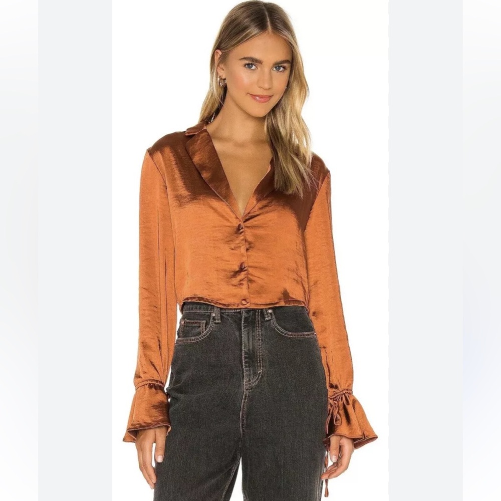 Lovers + Friends Aerin Button Down Blouse Rust Ruffle Sleeve C14‎
